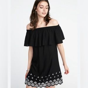 Black off the shoulder dress - linen mix fabric